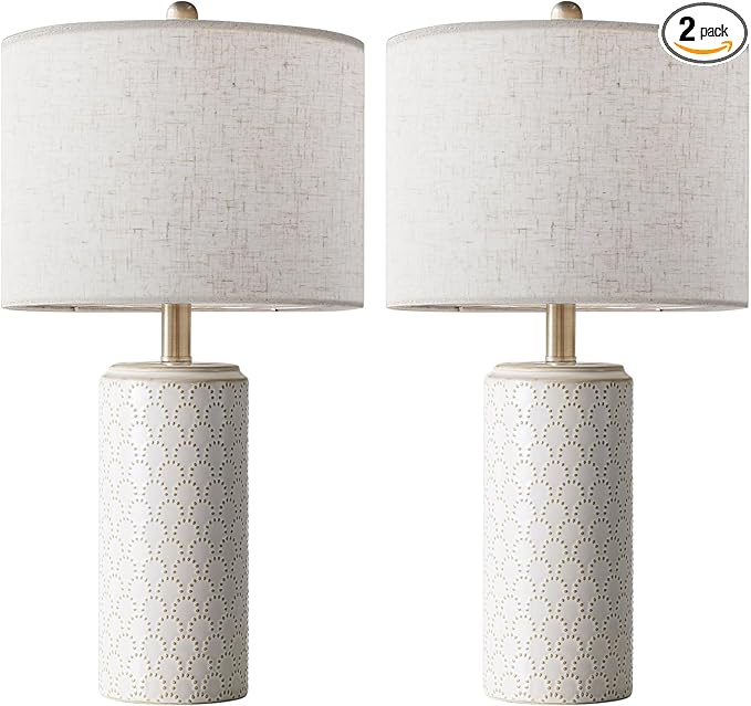 23" Ceramic Table Lamp Set of 2, Modern Farmhouse Bedside Lamps for Bedroom, White Nightstand Lamps for Living Room, Rustic End Table Desk Lamps with Rocker Switch, Home Office Décor