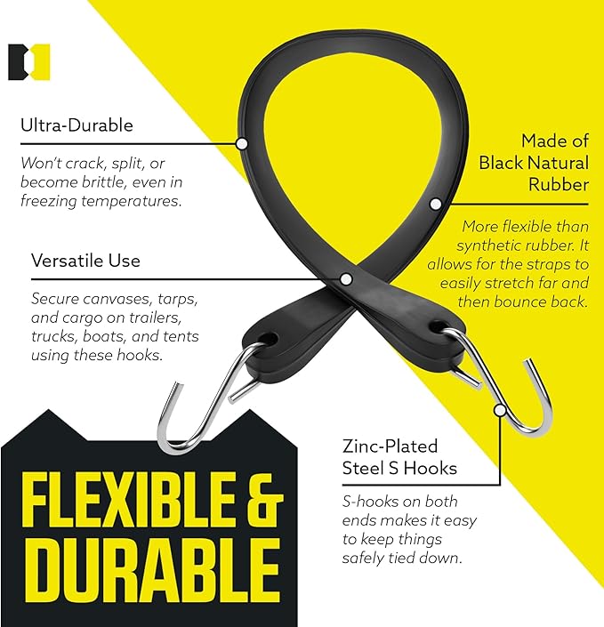 Pack of 50 Tarp Straps for Flatbed Trailers, 9" Long Natural Rubber Bungee Cord Tie-Downs Ideal for Securing Tarps, Canvases, Cargo in Cold Climates | Tie-Downs w/ Metal S-Hooks