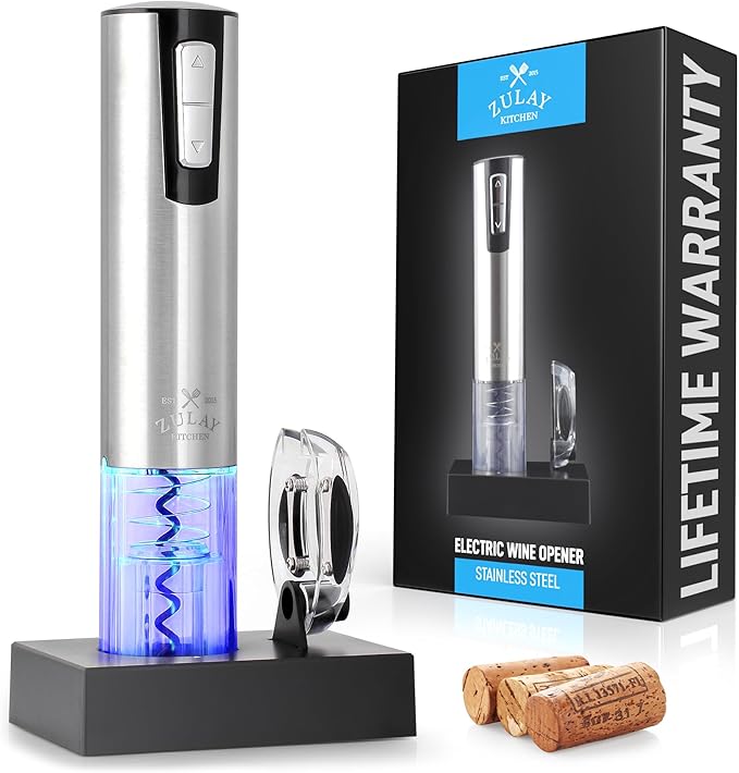 Zulay Kitchen Electric Wine Opener With Charging Base - 3-In-1 Automatic Wine Bottle Opener & Foil Cutter - Rechargeable Wine Opener Electric For Smooth & Fast Uncorking
