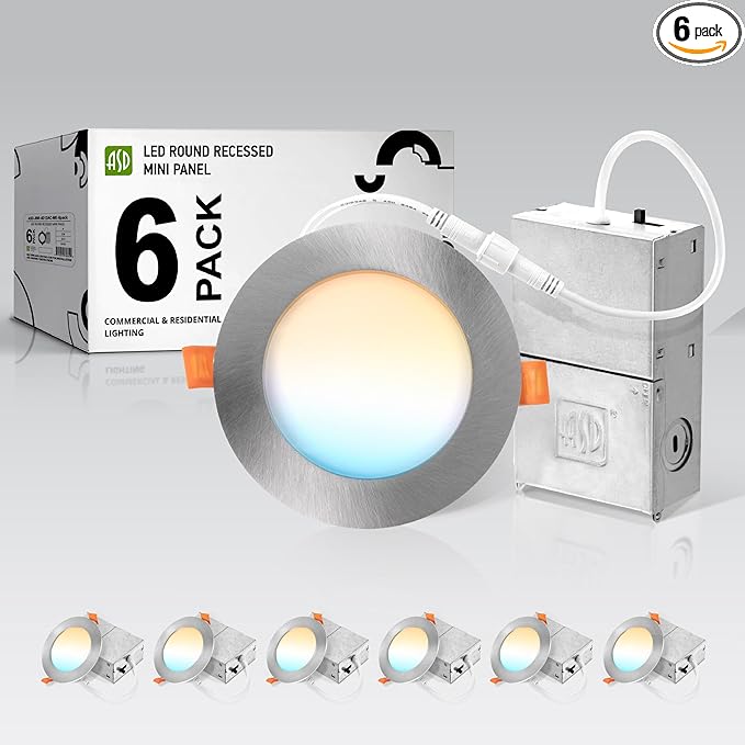 ASD 6 Pack LED Recessed Lighting 4 Inch 12W, 5 CCT 2700K-5000K CRI90+, IC Rated Ultra Thin Dimmable Ceiling Lights with J Box, Canless Wafer Downlight, Round Slim Panel Light, UL Listed, Nickel