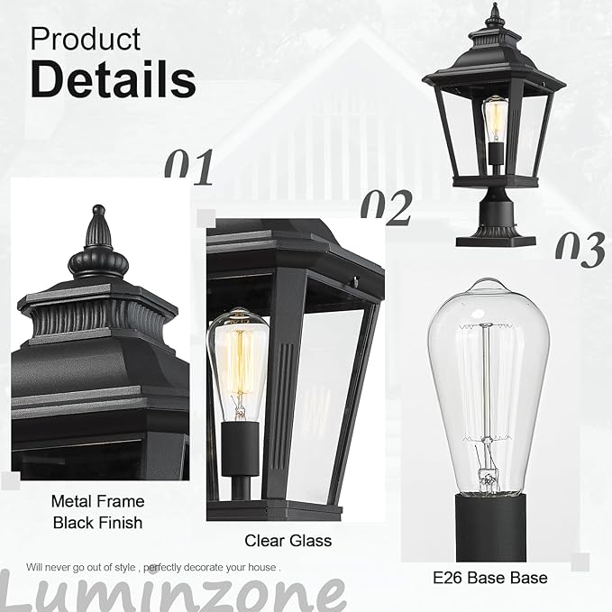 Large Outdoor Post Light Fixtures 21'' Lamp Post Light Fixture Black Finish Waterproof Anti-Rust Aluminum Pillar Outside Lighting for Walkway, Driveway, Patio, Porch