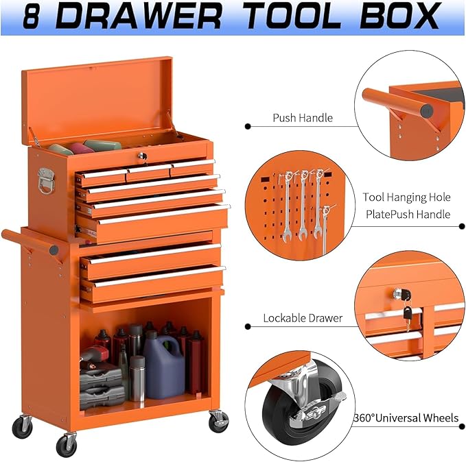 8 Drawer Rolling Tool Chest, High Capacity Tool Box with Lockable Wheels and Drawers, 2 in 1 Portable Toolbox Organizer Storage Cabinet for Garage, Warehouse, Repair Shop, Orange