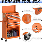 8 Drawer Rolling Tool Chest, High Capacity Tool Box with Lockable Wheels and Drawers, 2 in 1 Portable Toolbox Organizer Storage Cabinet for Garage, Warehouse, Repair Shop, Orange