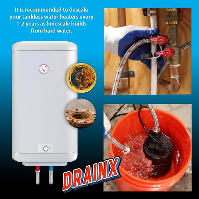 DrainX Tankless Water Heater Flush Kit with Gallon of Certified Liquid Descaling Solution for 4 Uses and 1/6HP Extra Strength Pump