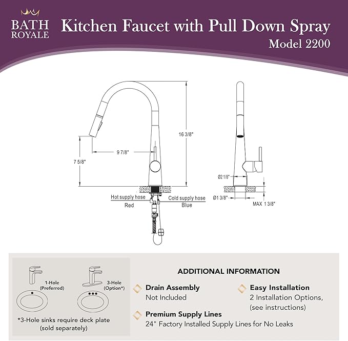 Bath Royale Modern Kitchen Faucet with Pull Out Spray - Single Control, All Metal, Matte Black