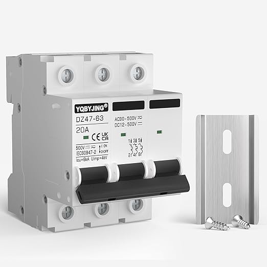 DC Circuit Breaker 20 Amp Solar Panel Disconnect Switch 12V-500V 3 Poles Miniature Solar Circuit Breaker for Outdoor PV Homes Battery, AC 110V DIN Rail MCB
