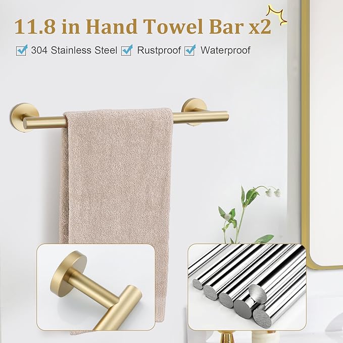 TURS Brushed Gold 10 Pieces Bathroom Hardware Set, SUS304 Stainless Steel 24 Inch Bath Towel Bar Set, Round Bathroom Accessories Kit Wall Mounted