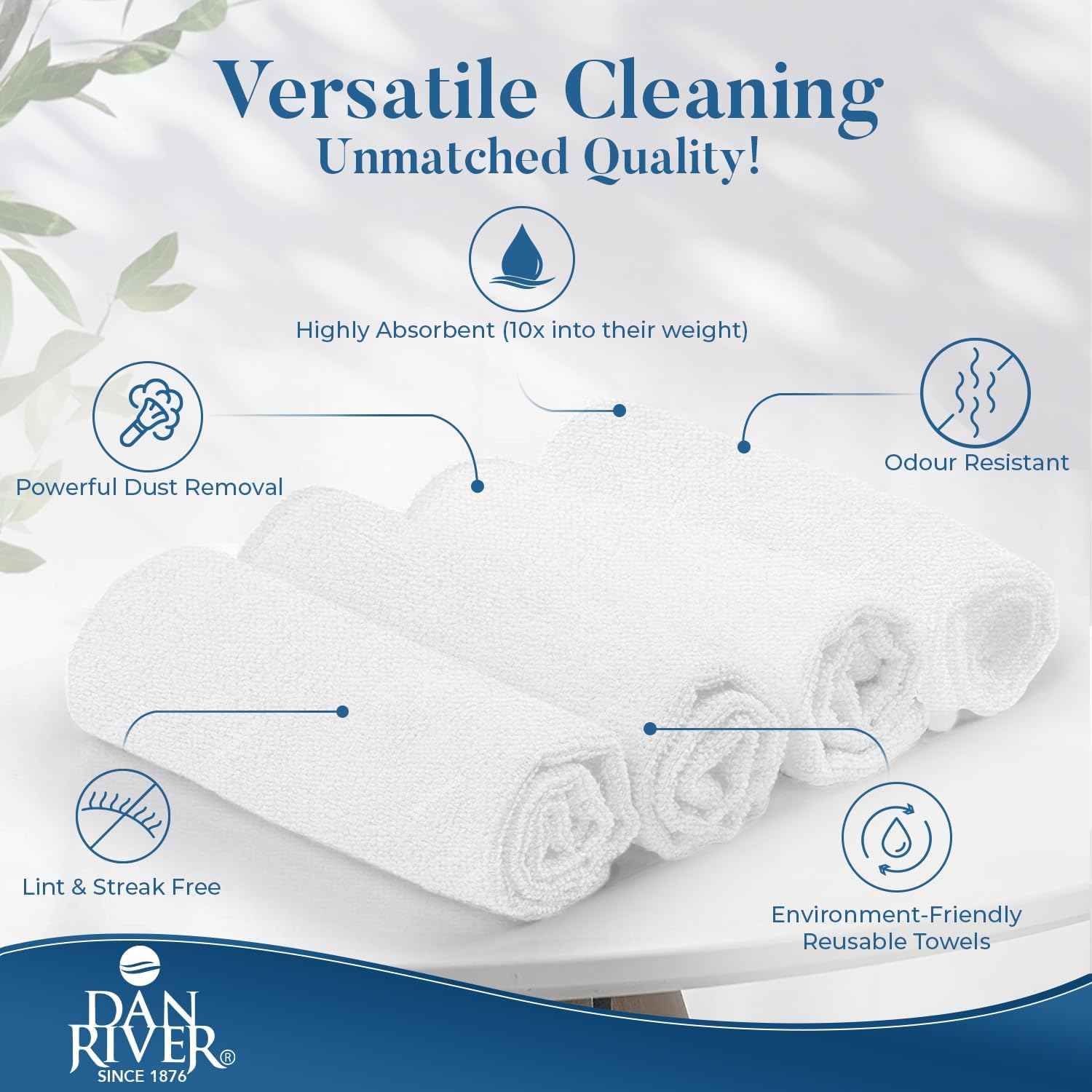 DAN RIVER 12-Pack White Microfiber Towels – Ultra Absorbent, Lint-Free & Streak-Free dust Cloths for Home, Car & Kitchen - Must-Have Cleaning Essentials - 12" x 12"