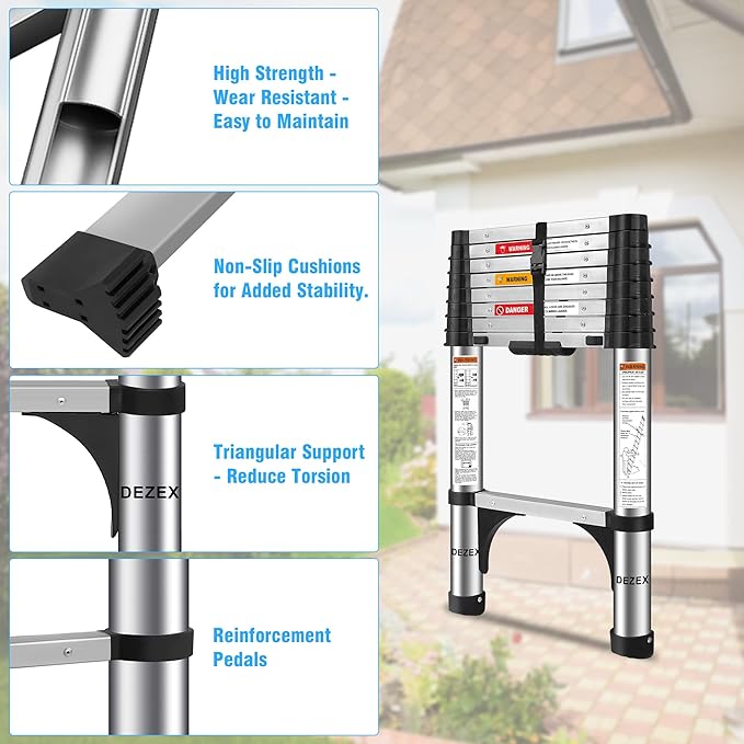 Telescoping Ladders 8.5 FT Stainless Steel - One-Button Retraction Collapsible Extension Ladder for Home,RV,Loft, Lasts 375 LBS with 2 Triangle Stabilizers