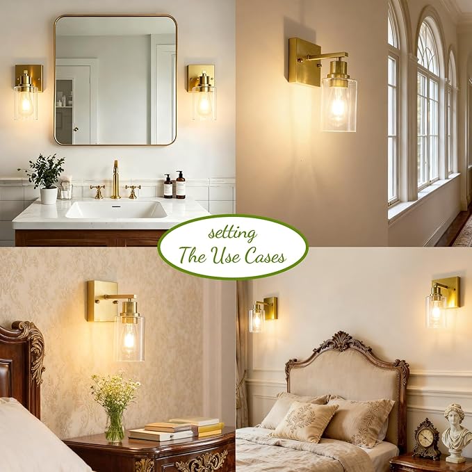 EMONG Gold Bathroom Light Fixtures,1-Lights Brushed Brass Vanity Light with Clear Glass Shade, Wall Sconces for Hallway, Farmhouse, Living Room