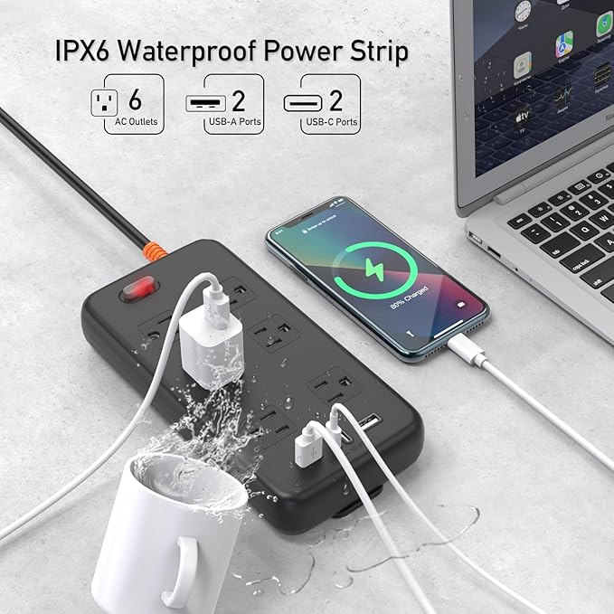 Outdoor Power Strip Weatherproof, KPQ IPX6 Waterproof Surge Protector with 6 Wide Outlets, 2 USB A and 2 USB C, 10FT Heavy Duty Extension Cord for Home, Office, Dorm, Patio, FCC UL Listed