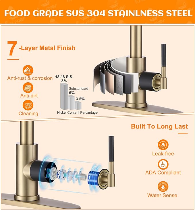 Brushed Gold Pull Down Kitchen Faucet -Modern High Arc Single Handle Kitchen Sink Faucet with Sprayer，Stainless Steel Rv Sink Faucet ，Fit for 1/3 Hole with 10" Deck Plate