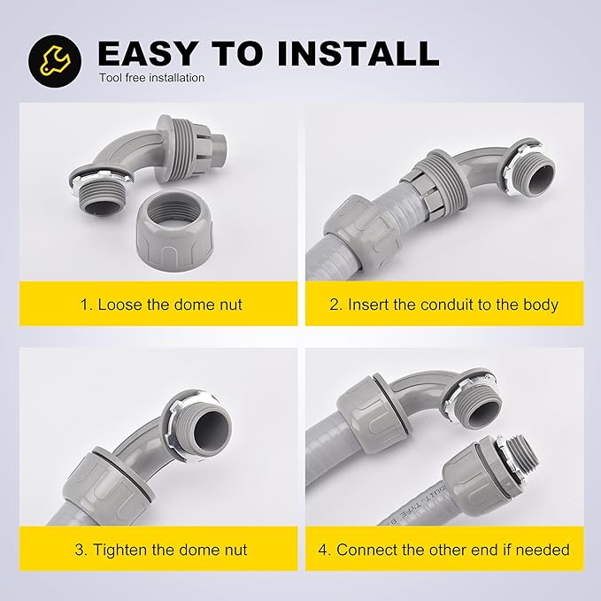 10 PCS 1/2" Liquid Tight Connector NPT Non-Metallic for PVC Electrical Flexible Conduit Angle Fittings - Sturdy, Quick Installation, UL Listed for Home Outdoor Tubes Tools