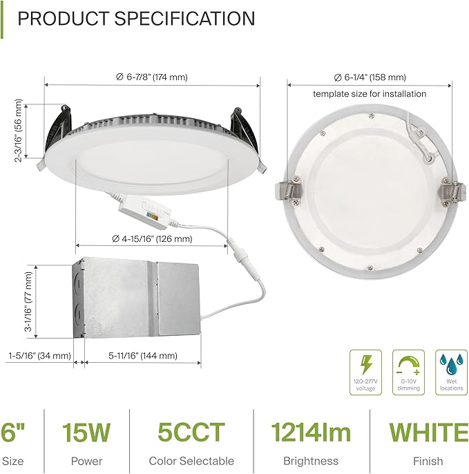 ASD LED Recessed Lighting 6 Inch, Round Commercial Downlight, Mini Panel with Baffle Trim, 6" 15W 120-277V CCT Selectable 2700/3000/3500/4000/5000K, Dimmable Ceiling Light Fixture, White, ETL