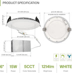 ASD LED Recessed Lighting 6 Inch, Round Commercial Downlight, Mini Panel with Baffle Trim, 6" 15W 120-277V CCT Selectable 2700/3000/3500/4000/5000K, Dimmable Ceiling Light Fixture, White, ETL, 6 Pack