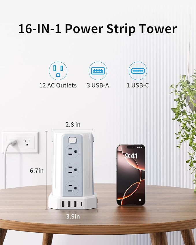 Power Strip Surge Protector, 10 Ft Extension Cord with 12 AC Multiple Outlets 4 USB (1 USB C), SMALLRT Power Tower Desktop Charging Station (White, 6.5 FT)