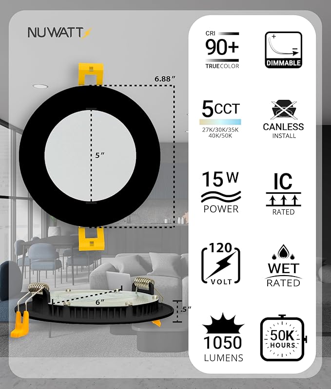 NUWATT 12 Pack, 6 Inch Ultra-Thin Black LED Recessed Lighting, 5CCT 2700K/3000K/3500K/4000K/5000K Selectable, 1050LM, 15W, Water Resistant, IC Rated, Dimmable Canless Slim Wafer Light with J-Box, ETL
