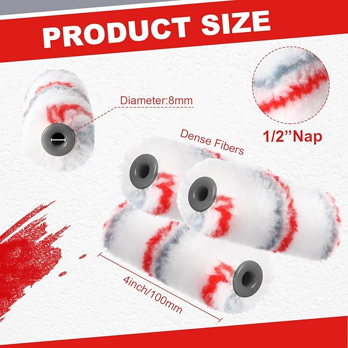 Leumoi 100 Pcs Paint Roller Covers 1/2 x 4 Inch Microfiber Paint Roller Covers Paint Brush Cover Small Roller Nap Mini House Painting Supplies for Painting Wall DIY Household Tool (Red Grey)