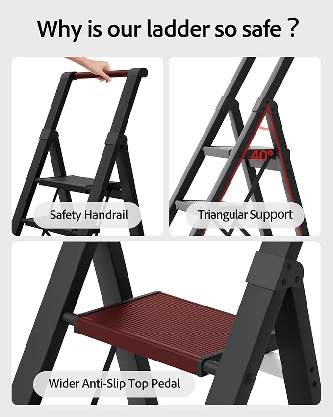 5 Step Ladder, Lightweight Folding Step Stool with Convenient Handgrip,Aluminum 330lbs Capacity Step Ladder for Office,Household,Kitchen(Black)