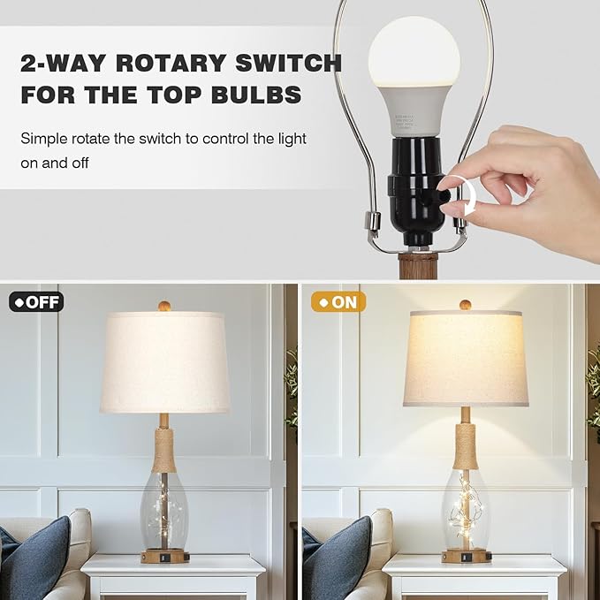 28" Coastal Table Lamps for Bedroom Set of 2, Farmhouse Glass Lamps with 3-Way Dimmable Touch Control Fairy Lights & Type-C Charging for Living Room Nightstand, Beach Nautical Bedside Lamp Rustic Wood