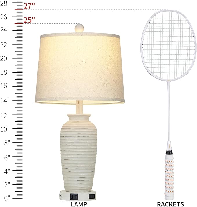 25" Retro White Farmhouse Jar Table Lamps for Living Room, 3 Way Touch Control Rustic Bedside Lamps with USB A+C Ports & AC Outlet, Pot Nightstand Lamps for Bedroom (LED Bulbs Included)