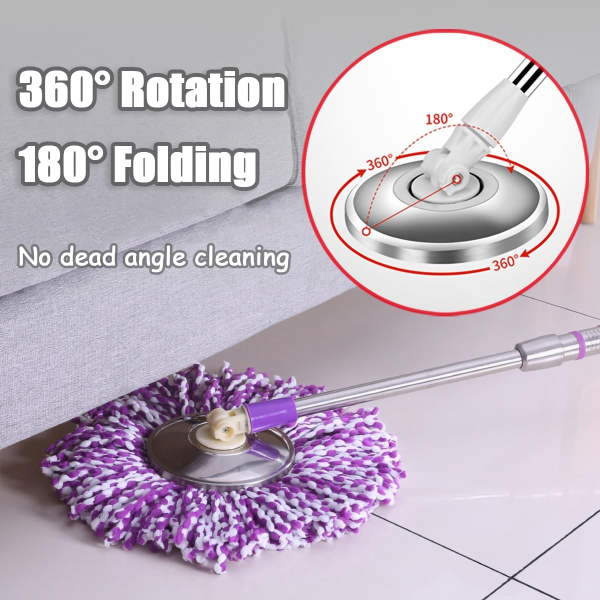 Spin Mop Replacement Mop Handle, 49-inch 360 Degrees Rotating Telescopic Replacement Mop Stick with Reinforced Plastic Disc for Spin Mop Bucket Cleaning System (Plastic Disc, Khaki)