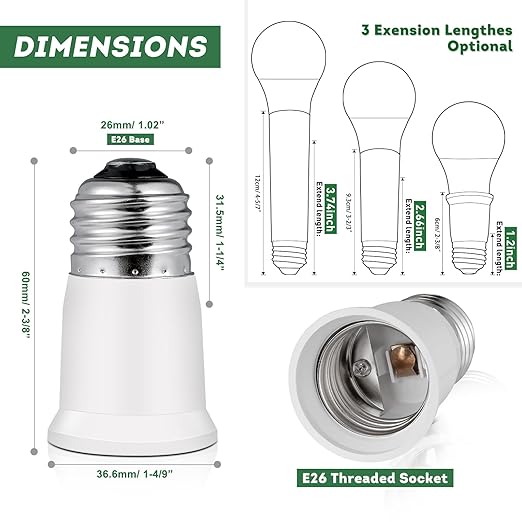 Light Socket Extender,E26 to E26 Medium Screw Bulb Socket Extension Adapter,Recessed Socket 1.2" Extensions,Light Cans Socket Extender Adapter