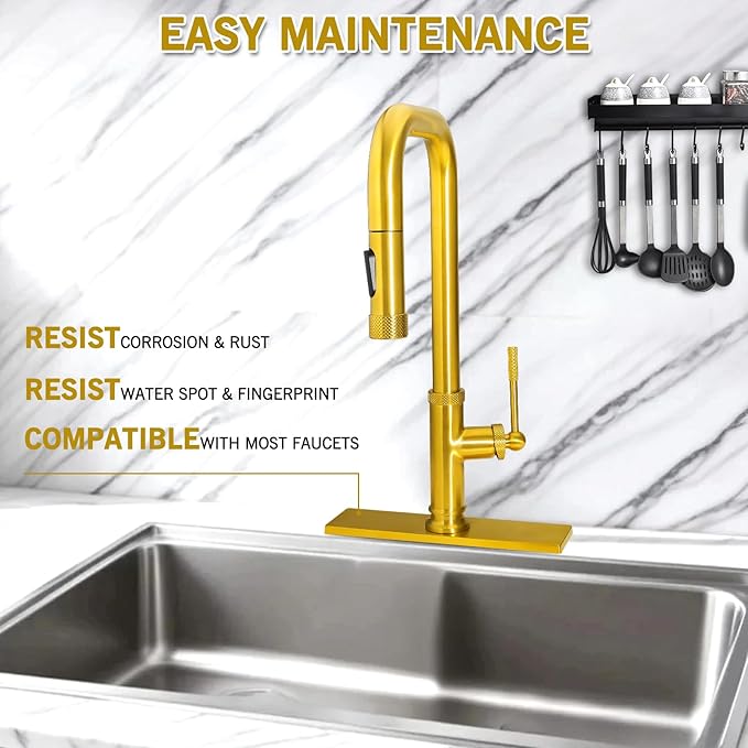 10 Inch Faucet Plate, Sink Hole Cover for 1 or 3 Hole Kitchen or Bathroom Faucets Long Rectangle Plate Escutcheon, Stainless Steel, Brushed Gold