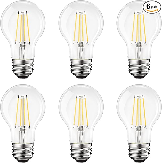 LUXRITE Vintage A19 LED Light Bulbs 60W Equivalent, 5000K Bright White Dimmable, 800 Lumens, Standard LED Edison Bulb 8W, UL Listed, E26 Base (6 Pack)