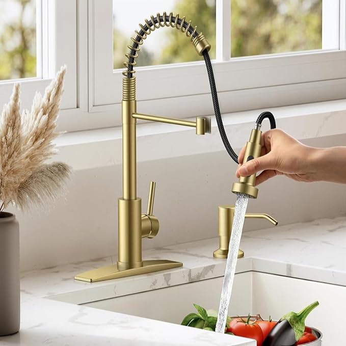 Smart Kitchen Faucet, 3 Modes Pull Down Sprayer, Smart Touch On Sensor Activated, Ceramic Disc Valve, 360-Degree Rotation, 1 or 3 Hole Deck Plate. 20-Year Warranty. (KW-62J, Brushed Gold)