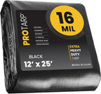 PROTARP Extra Heavy Duty 16 Mil Tarp Cover, Waterproof, UV Resistant, Rip and Tear Proof, Poly Tarpaulin with Reinforced Edges for Roof, Camping, Patio, Pool, Boat. (Black 12′ X 25′)