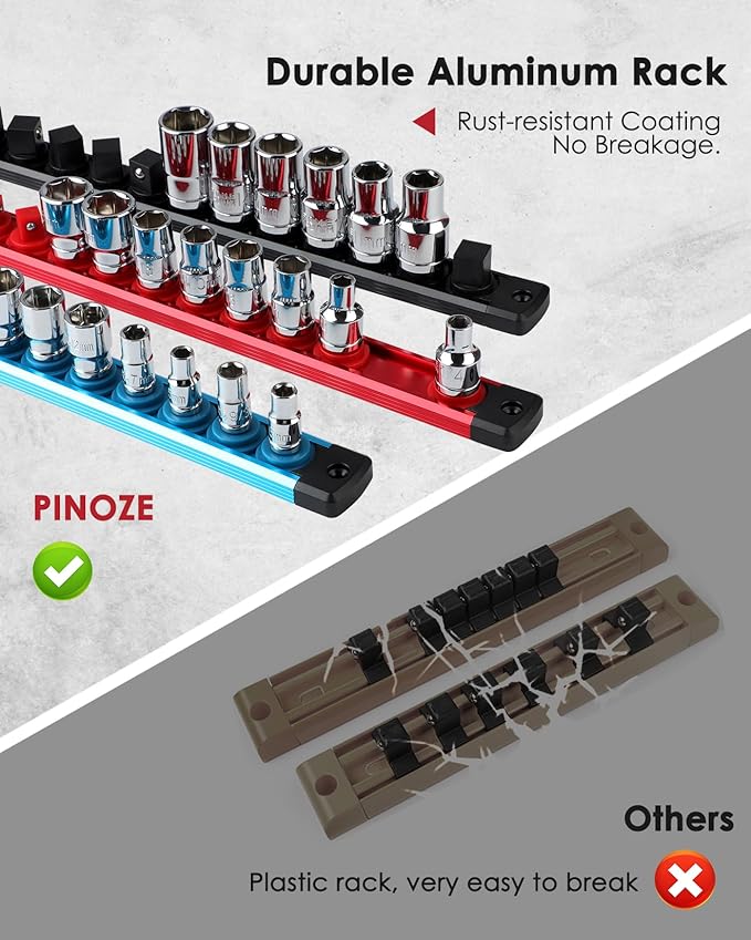 8PCS Magnetic Socket Holder Organizer Set - 1/4, 3/8, 1/2 - Aluminum Alloy Socket Rail Trays for Tool Box Drawer, Socket Rack Kit with 114Pcs Clips for Automotive Garage(Blue Red Black)