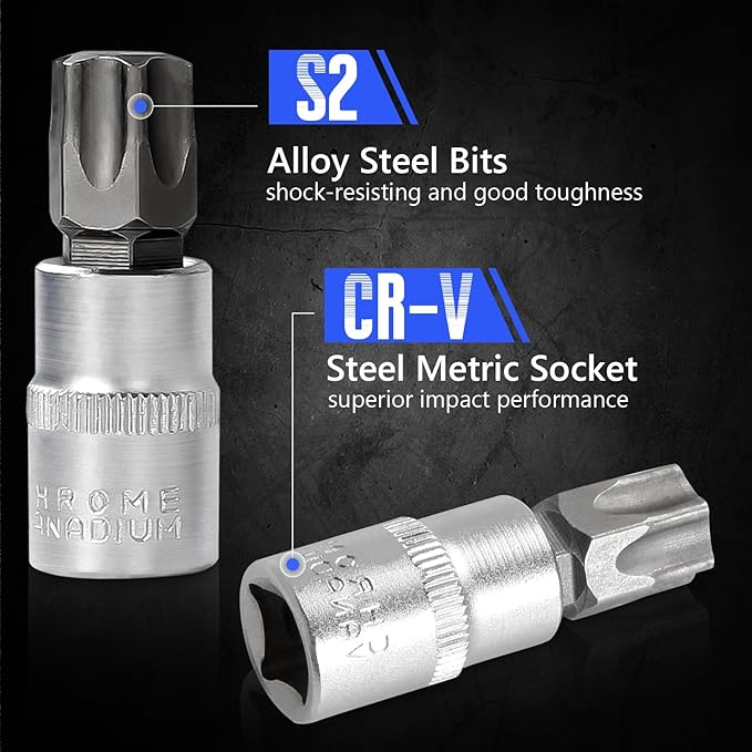 Drive Male Female Torx Star Bit Socket E-Socket Set Handheld Tool - 34 Pcs, Star Socket Set For Hand Use Work On Cars, Trucks, Machinery, and Other Jobs With Storage Case, Blue