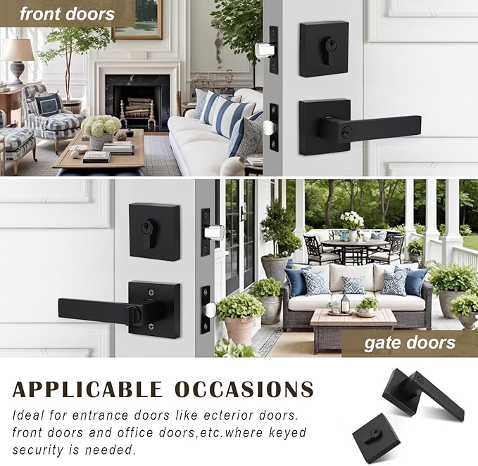 1 Pack Keyed Entry Door Lever and Double Cylinder Deadbolt Set, Keyed Alike Reversible Lockset, Matte Black Square Interior/Exterior Handleset for Bedroom, Front Door