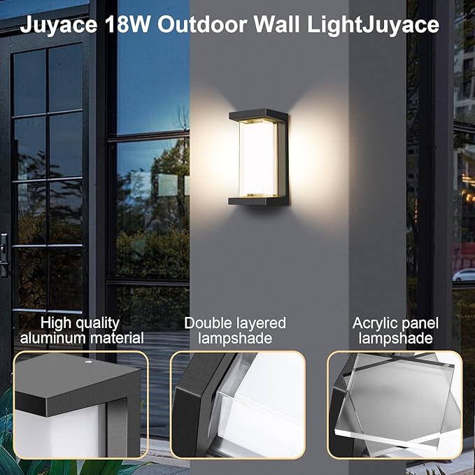 Juyace 18W Exterior Lighting Fixtures 4 Pack Budget-Friendly Outdoor Porch Lights Modern Black Sconces Wall Mount 1800Lm 3000K IP65 Waterproof for Garage House Patio Front Door Entryway