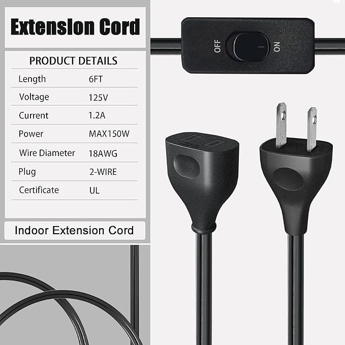 Black Extension Cord with Switch On/Off, 2 Prong Grounded Plug, 6FT Indoor Power Cord, Insulated & Flame Retardant 120V 150W, UL Listed