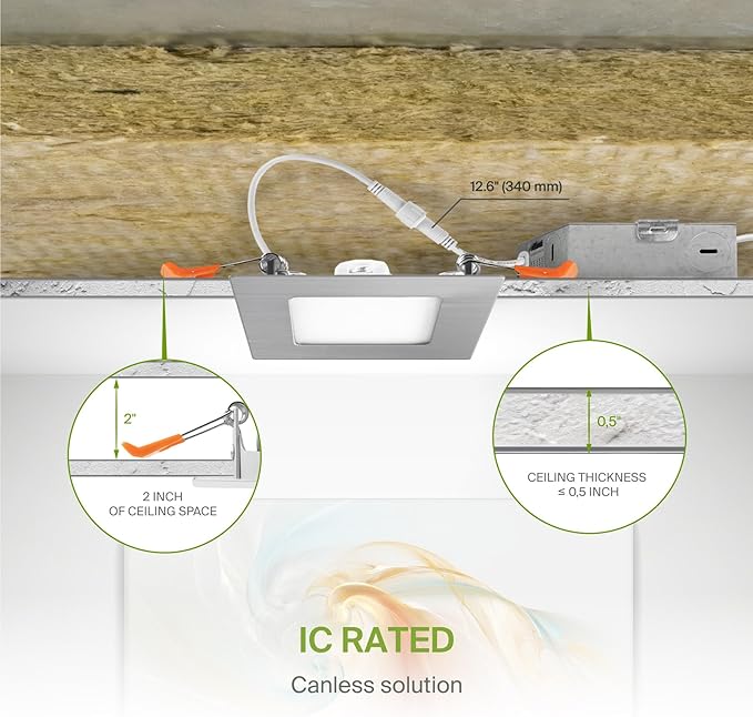 ASD 6 Pack LED Square Recessed Lighting 3 Inch, 5 CCT 2700K-5000K, 6W 30W Eqv, Ultra Thin Dimmable Ceiling Lights with J Box, Canless Wafer Downlight, Slim Panel Light, UL Energy Star, Brushed Nickel