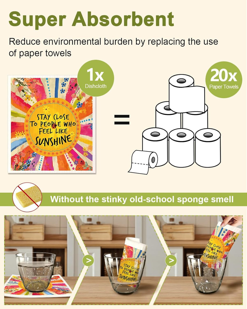 6 Pack Swedish Dishcloths for Kitchen - Reusable Dish Cloths for Washing Dishes Absorbent Cute Funny Kitchen Towels Cleaning Sponge, Positive Words