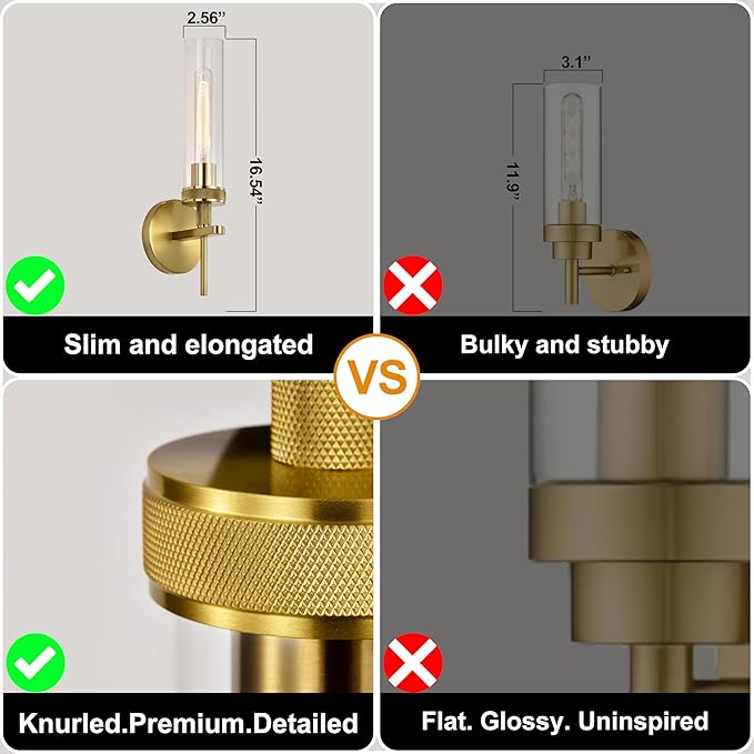 Gold Bathroom Light Fixtures Over Mirror, Vanity Lights Set of 2 with Knurled Texture, Brushed Gold Wall Sconces with Clear Glass Shade, Modern Industrial Bathroom Lighting for Bedroom, Living Room