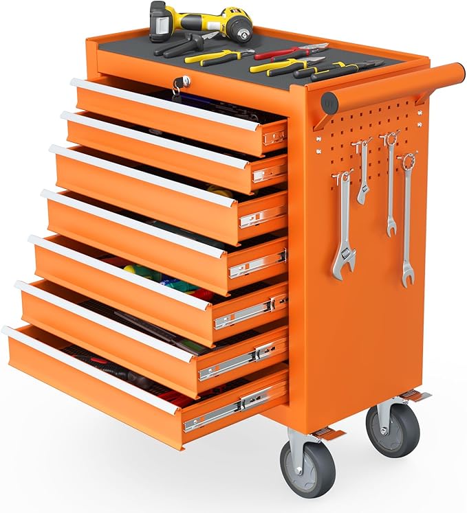 7-Drawer Rolling Tool Chest, Tool Box with 4 Wheels and Drawers, High Capacity Detachable Mobile Tool Storage Cabinet for Garage, Workshop, Mechanics and Repair Room (Orange)
