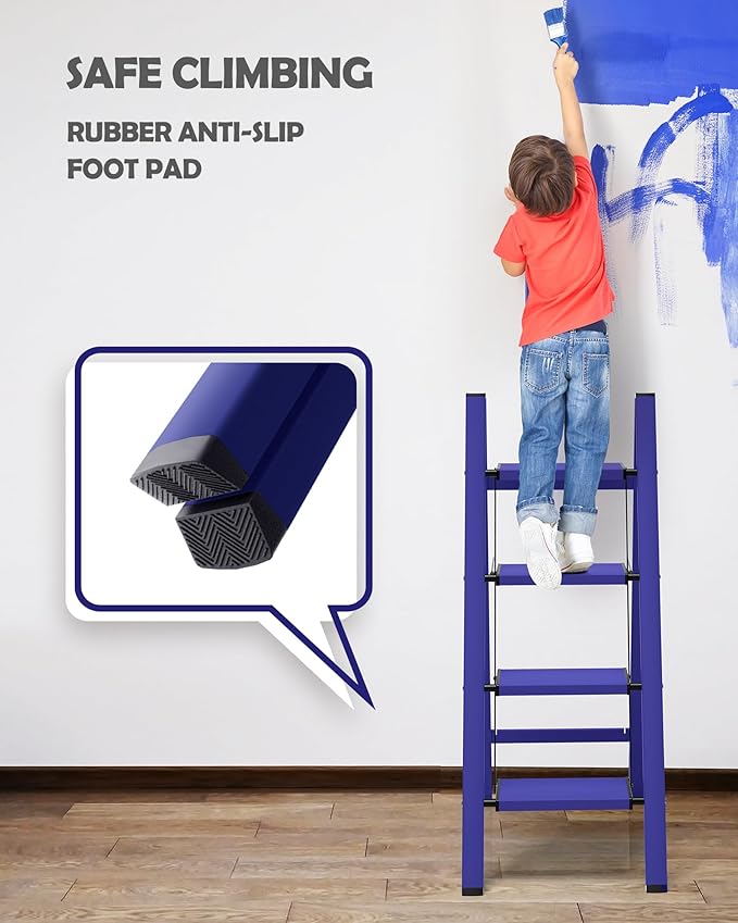 Taranta 4 Step Ladder,Aluminum Lightweight Folding 4 Step Stool with Anti-Slip Wide Pedal,330lbs Capacity Step Ladder for Household,Kitchen,Office - Blue