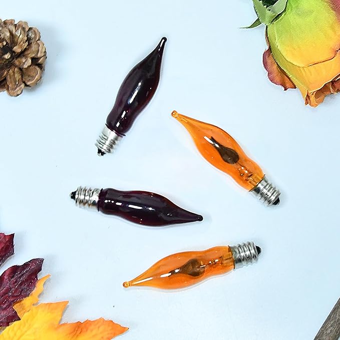 12 Pack C7 Clear Orange and Purple Flickering Flame Replacement Bulbs for String Lights Outdoor, E12 Screw Base, Flame Bulbs for Halloween Indoor Outdoor Roofline Garden Patio Party Decorations