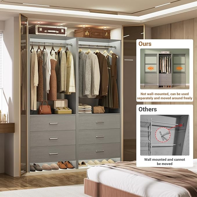 Aheaplus Closet System Closet Organizer, Wood Closet Organizer System, Walk-in Closet or Small Closets Wardrobe, Clothes Rack with Hanging Rods, 8FT Closets, Set of 4, Grey