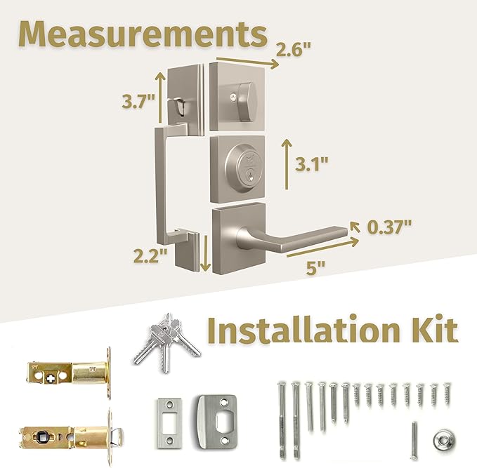 Mega Handles - TOBELLE Silver Entry Door Handleset - Single Cylinder Handleset with Lever for Entrance and Front Doors - Modern Door Handles for Left and Right-Handed Doors - Straight Handle