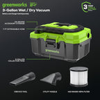 Greenworks 24V Brushless (3 Gallon) Cordless Wet / Dry Shop Vacuum + Accessories, Tool Only
