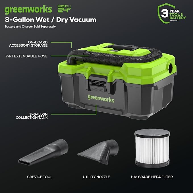 Greenworks 24V Brushless (3 Gallon) Cordless Wet / Dry Shop Vacuum + Accessories, Tool Only