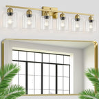 Modern Brushed Gold 6 Light Bathroom Light Fixtures,38 inch Vanity Lights for Bathroom with Clear Glass, Vanity Light for Mirror Kitchen Living Room Hallway Cabinet Porch