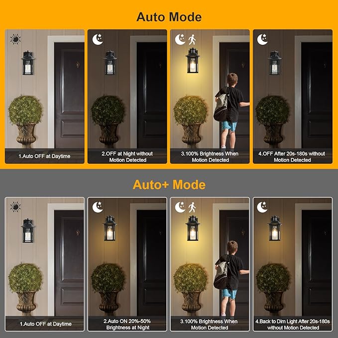 Motion Sensor Outdoor Lights, 3 Adjustable Lighting Modes Porch Lights, Dusk to Dawn Exterior Light Fixtures Wall Mount, Anti-Rust & Waterproof Outside Wall Lantern Sconce for House, Bulb Included