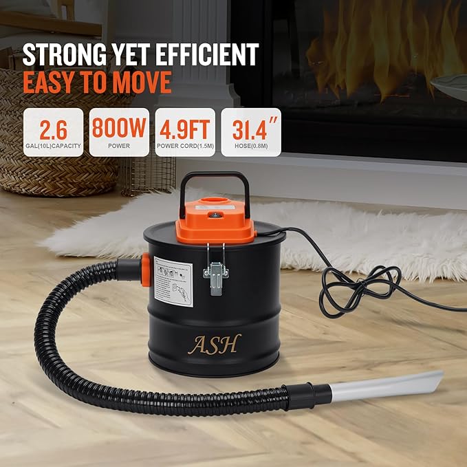 Ash Vacuum Cleaner -2.6 Gallon Fireplace Ash Vac with 800w Powerful Hose Non-Woven Dust Separator | Dry Stove Vacuum for Fireplaces Pellet Grill Wood Stove Fire Pits Orange
