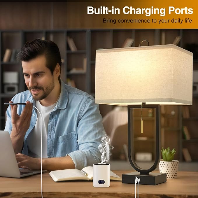 24'' Table Lamps Set of 2 - Desk Lamp & Bedside Lamp, 3-Color Temperature, USB C+A Ports, Modern Nightstand Lamps for Bedroom, Living Room, Home Office, Pull Chain Switch, Includes 2 LED Bulbs